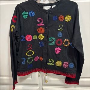 Vintage Michael Simon Lite Black Cardigan Embroidery Millennium Year 2000 Size L